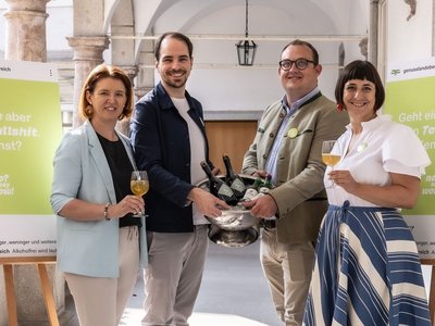 Pressefoto No & Wow mit Landesräting Michaela Langer-Weninger, Birgit Stockinger, Klemens Gold und Max Hisrschvogel