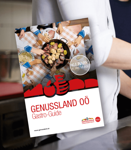 Gastro Guide 2025 im Vordergrund, professionelle Küche und kochende Personen im Hintergrund