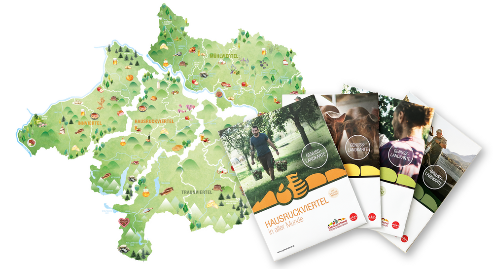 Die 4 Genusslandkarten und eine illustrierte Oberösterreich Landkarte