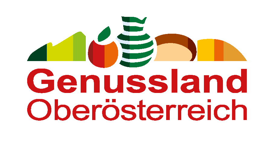 Das Genussland Oberösterreich Logo mit den Leitprodukten Gemüse, Obst, Getränke, Brot und Käse 