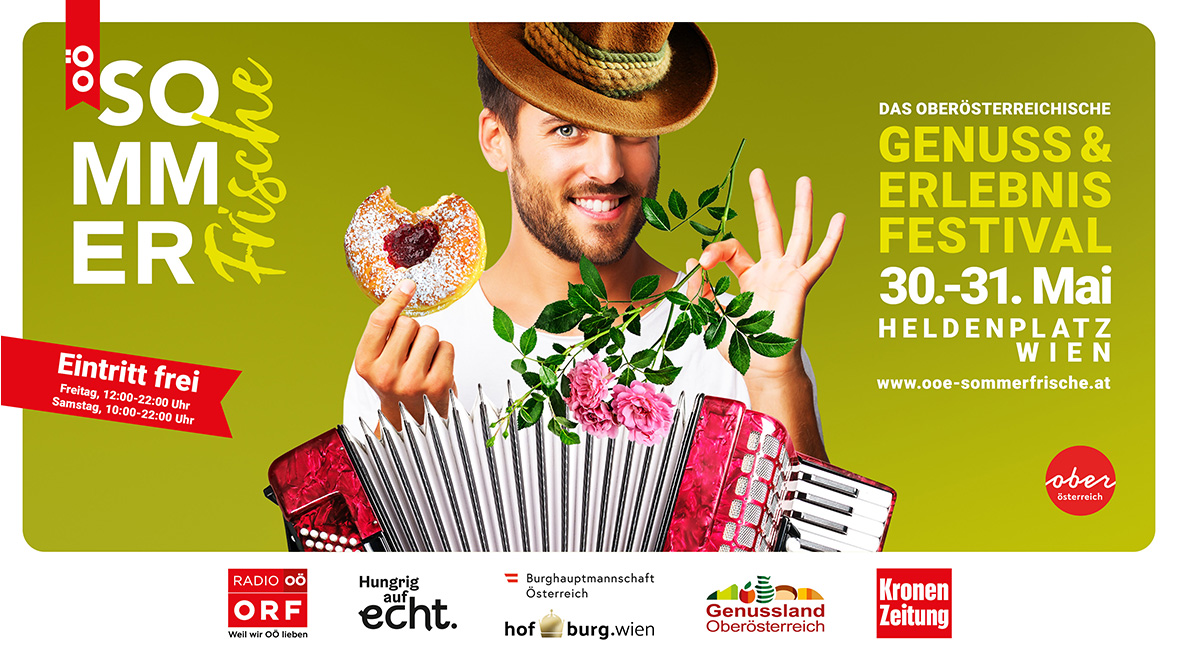 Sommerfrische Sujet Mann mit Hut und Krapfen